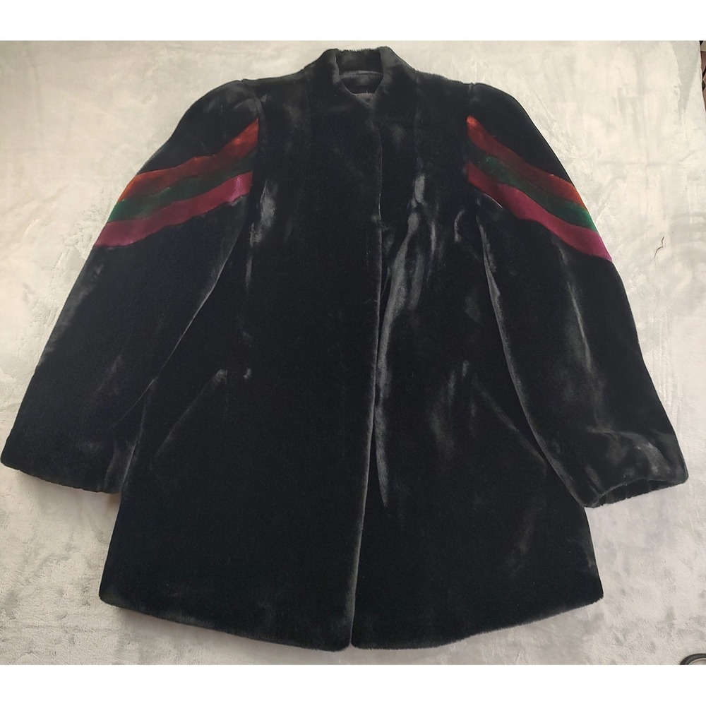 Sassoon‎ Borgazia Black Faux Fur Coat Rainbow Stripe Sleeve Puffed Shoulders